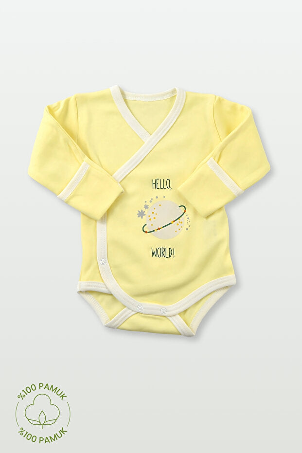 %100 Pamuk Hello World Baskılı Bebek Zıbın Çıtçıtlı Bebek Zıbın