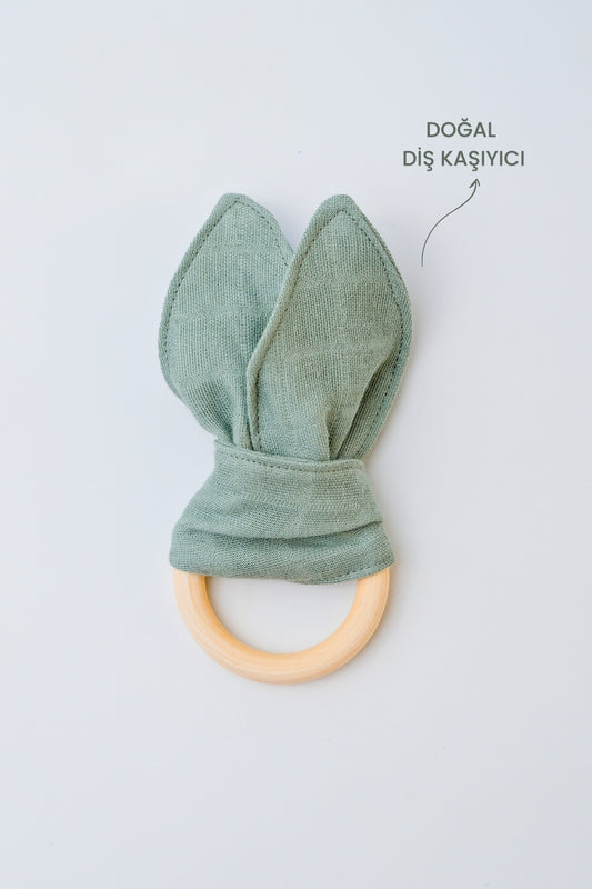 %100 Doğal Yeşil Ahşap Diş Kaşıyıcı Organik Bebek Diş Kaşıyıcı Müslin Diş Kaşıyıcı