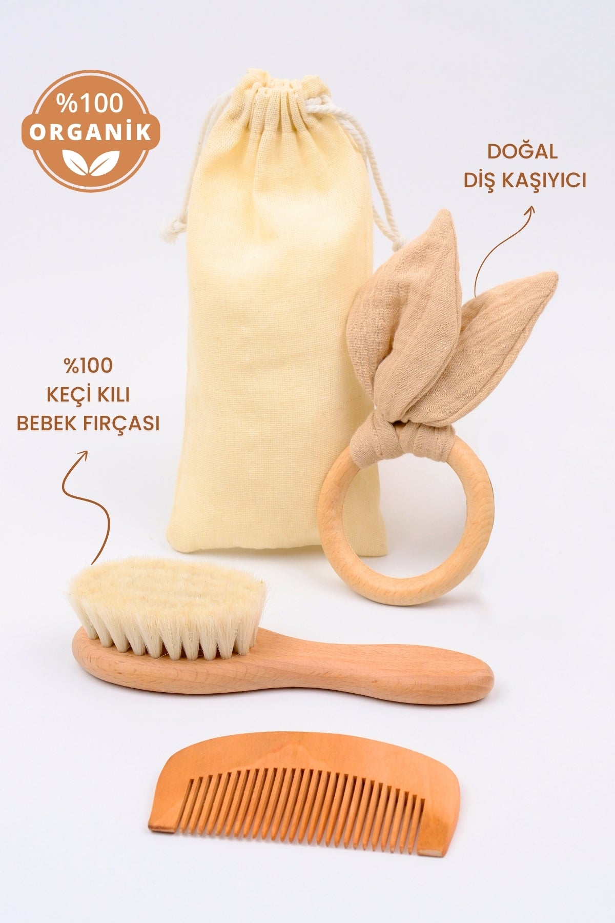 %100 Doğal Keçi Kılı Bebek Saç Fırçası Ahşap Tarak Ahşap Diş Kaşıyıcı Seti- Keseli 4'lü Set