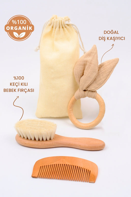%100 Doğal Keçi Kılı Bebek Saç Fırçası Ahşap Tarak Ahşap Diş Kaşıyıcı Seti- Keseli 4'lü Set