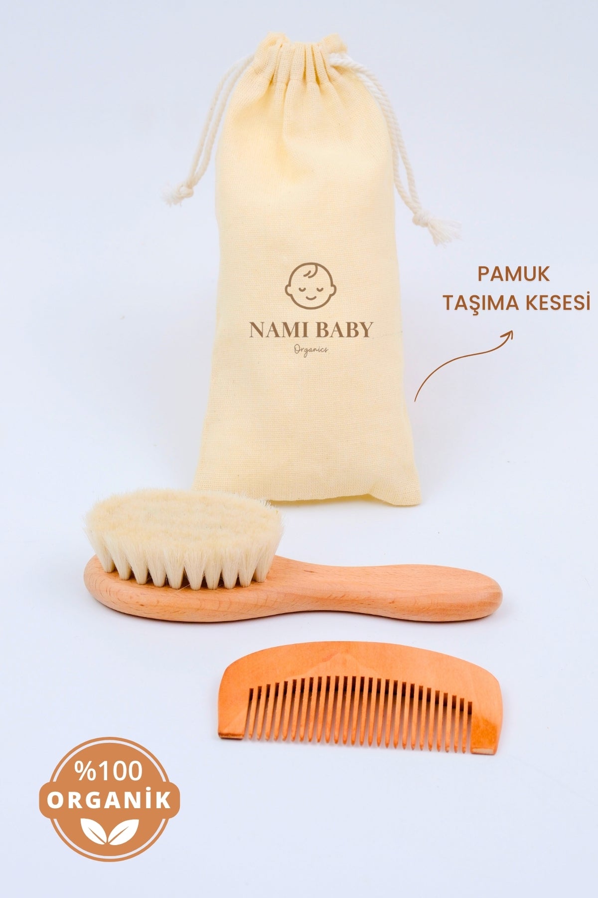 Nami Baby %100 Doğal Keçi Kılı Bebek Saç Fırçası ve Ahşap Tarak Seti Saklama Keseli 3'lü Set