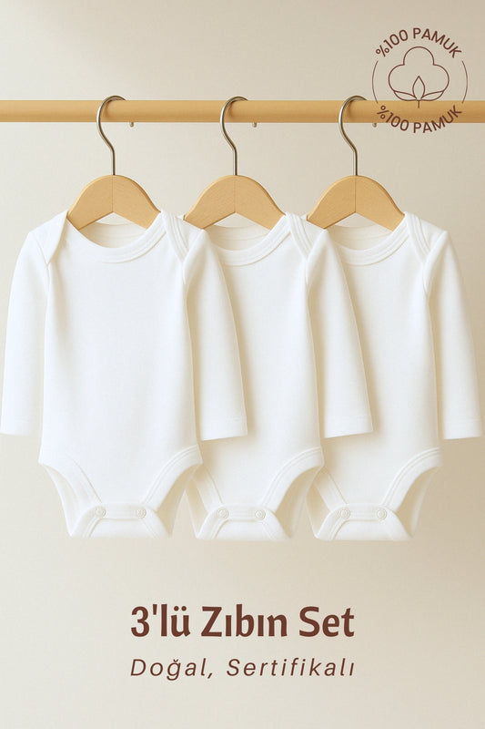 %100 Pamuk 3'lü Bebek Zıbın Seti – 3-6-9-12 Ay | Unisex Çıtçıtlı Body Takımı
