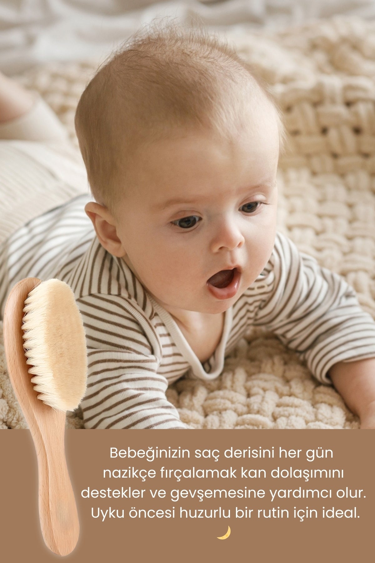 Nami Baby %100 Doğal Keçi Kılı Bebek Saç Fırçası ve Ahşap Tarak Seti Saklama Keseli 3'lü Set