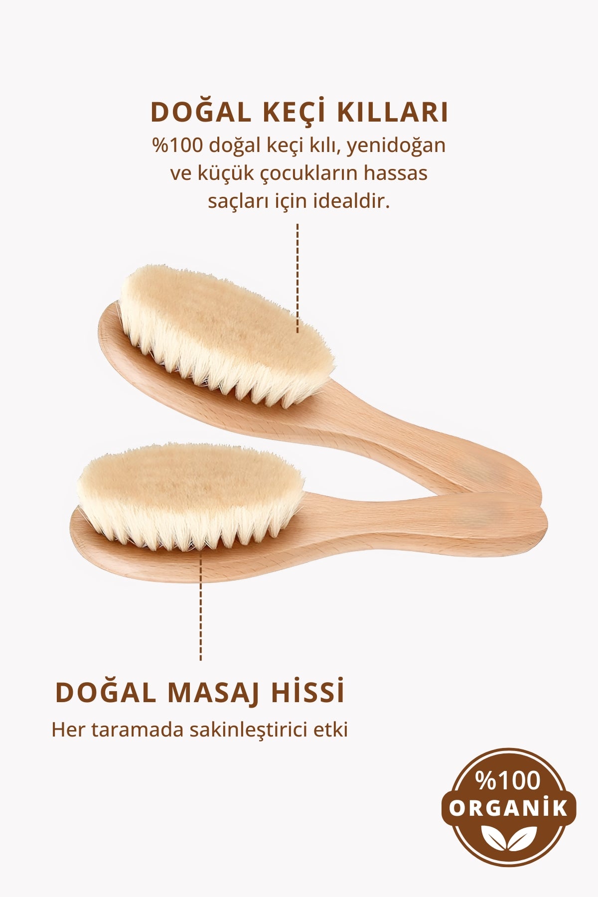 Nami Baby %100 Doğal Keçi Kılı Bebek Saç Fırçası ve Ahşap Tarak Seti Saklama Keseli 3'lü Set