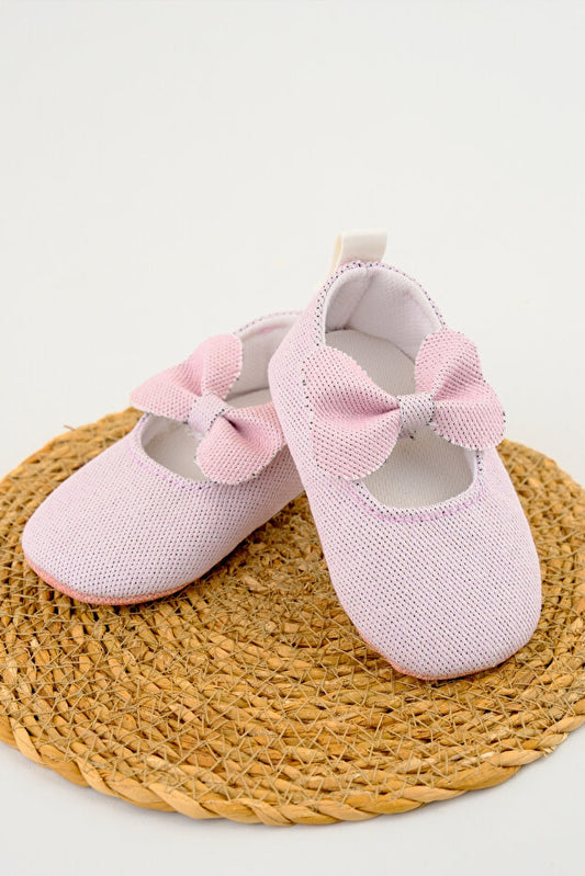 Pembe Fiyonklu Kız Bebek Patiği – Rahat İlk Adım Ayakkabısı Yumuşak Kız Bebek Ayakkabısı