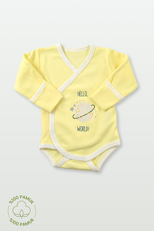 %100 Pamuk Hello World Baskılı Bebek Zıbın Çıtçıtlı Bebek Zıbın