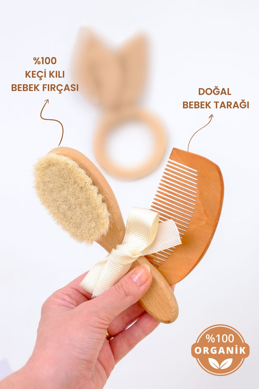 Nami Baby %100 Doğal Keçi Kılı Bebek Saç Fırçası ve Ahşap Tarak Seti Saklama Keseli 3'lü Set