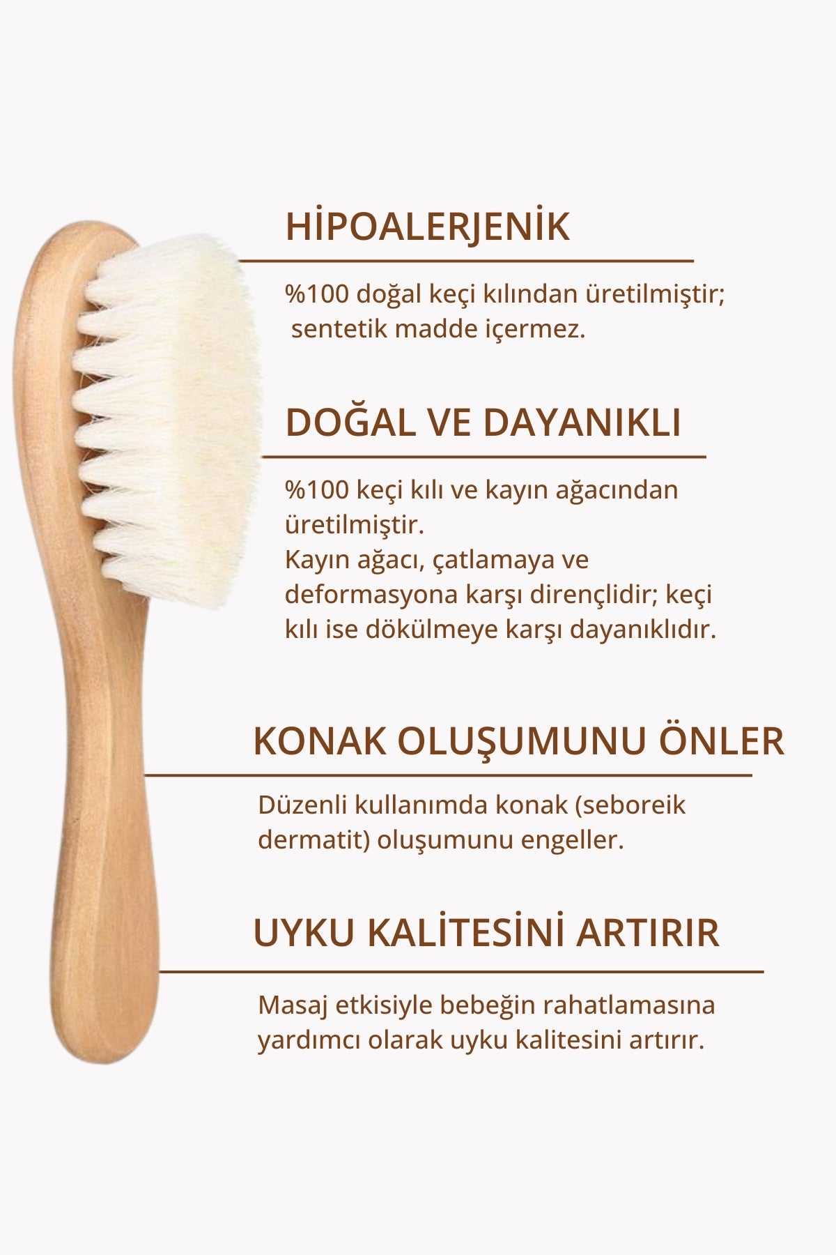 %100 Doğal Keçi Kılı Bebek Saç Fırçası Ahşap Tarak Ahşap Diş Kaşıyıcı Seti- Keseli 4'lü Set