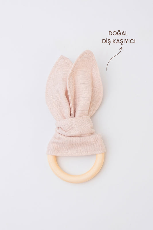 %100 Doğal Krem Ahşap Diş Kaşıyıcı Organik Bebek Diş Kaşıyıcı Müslin Diş Kaşıyıcı