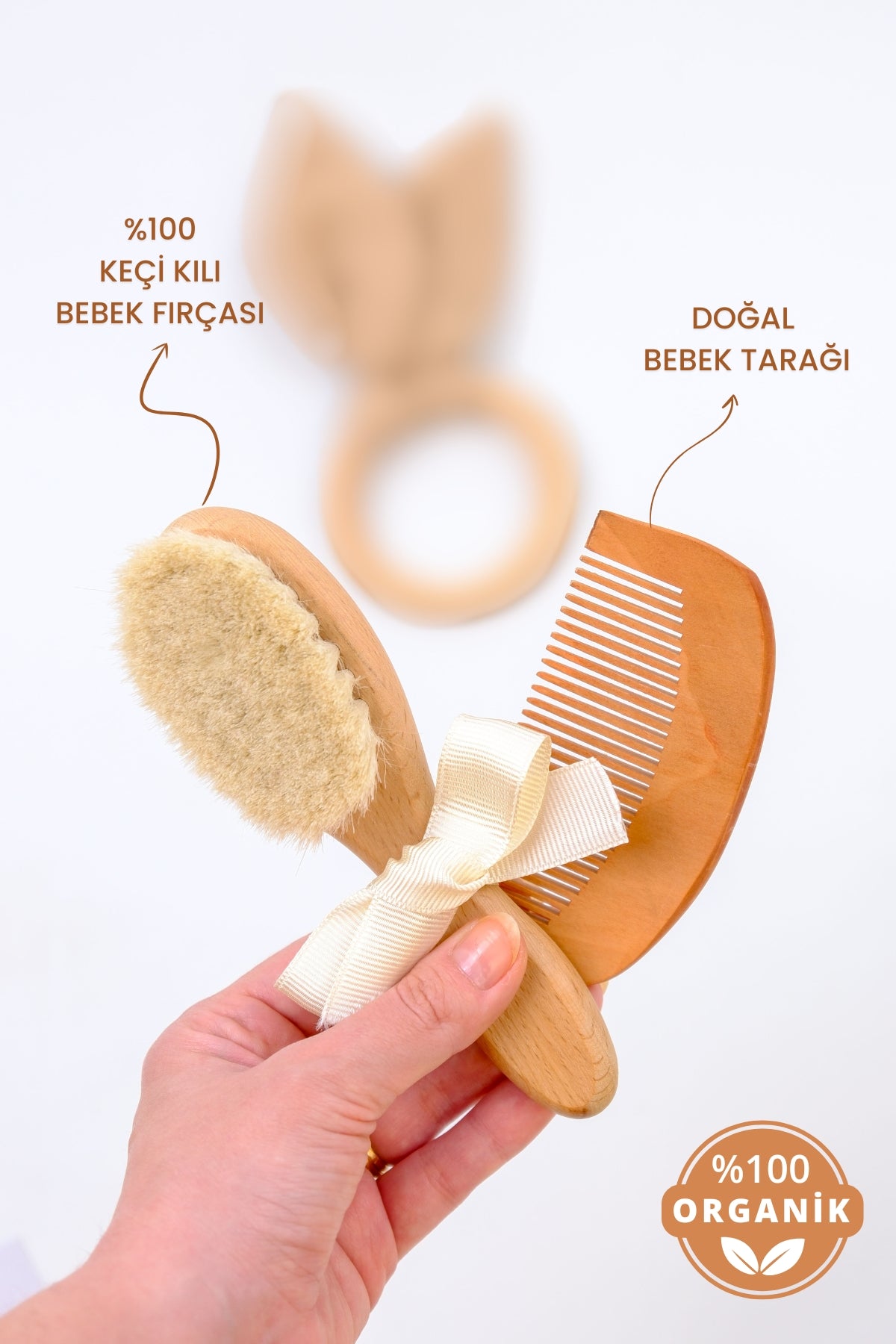 %100 Doğal Keçi Kılı Bebek Saç Fırçası Ahşap Tarak Ahşap Diş Kaşıyıcı Seti- Keseli 4'lü Set