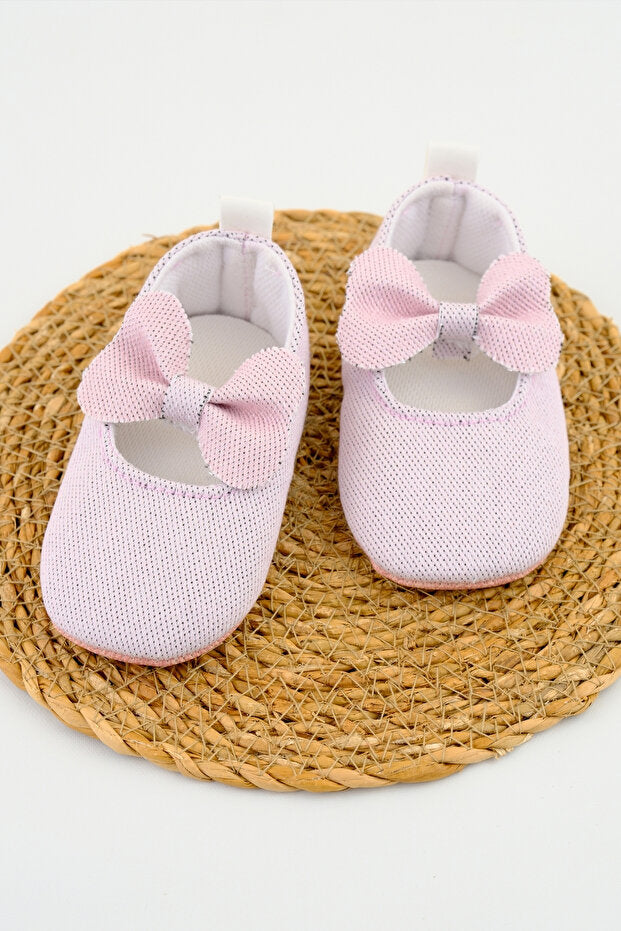Pembe Fiyonklu Kız Bebek Patiği – Rahat İlk Adım Ayakkabısı Yumuşak Kız Bebek Ayakkabısı